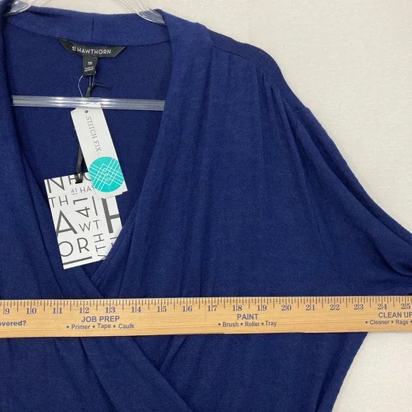 New 41 Hawthorn Surplice Wrap Knit Top XXL Navy Long Sleeve Ruched Preppy - Picture 5 of 9